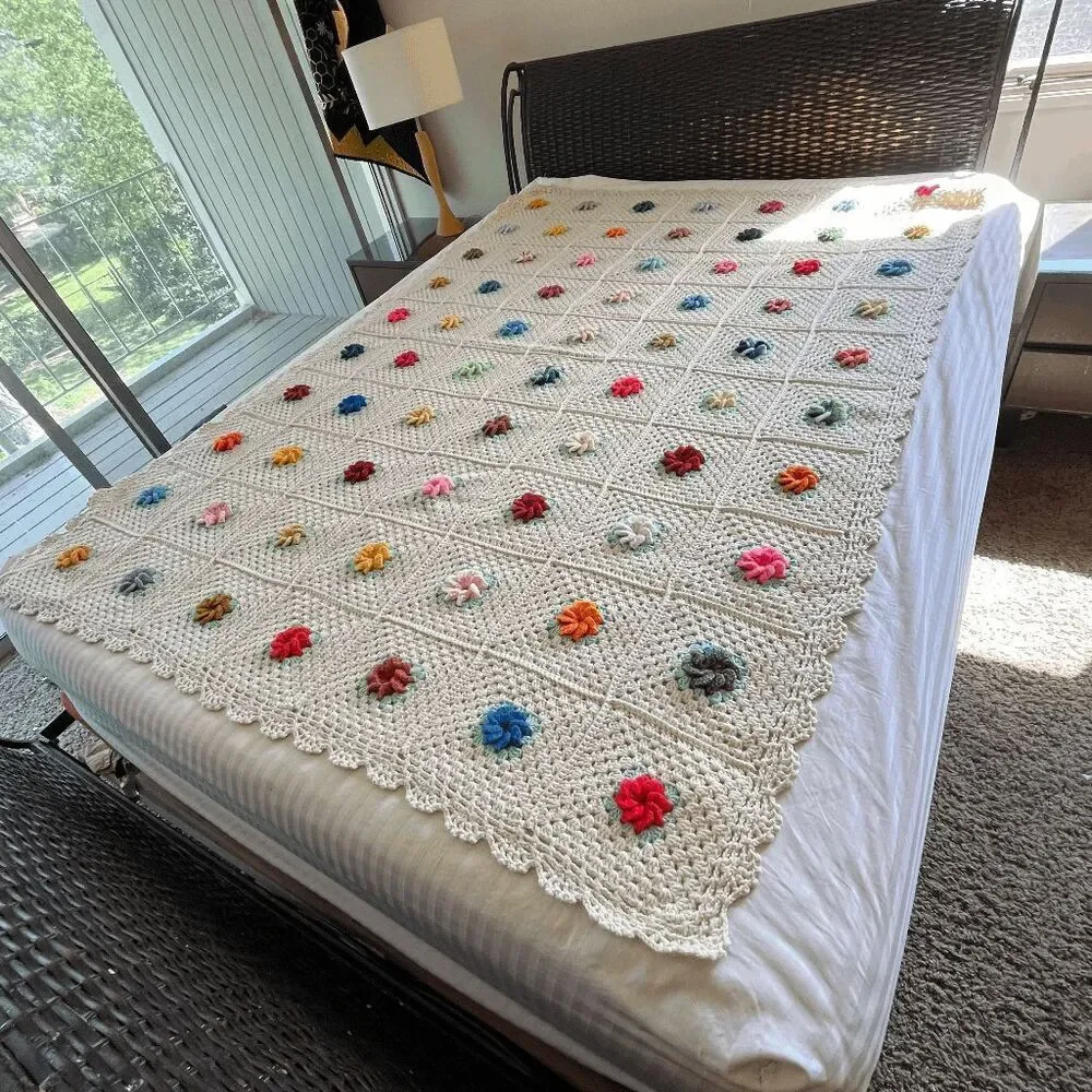 Handmade Crochet Afghan Blanket Puff 3D Flowers Cotton Blend 72x52 Boho Cottagec